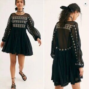 Free People “Need Me” Black Embroidered Mini Dress Size Large Boho‎ Chic